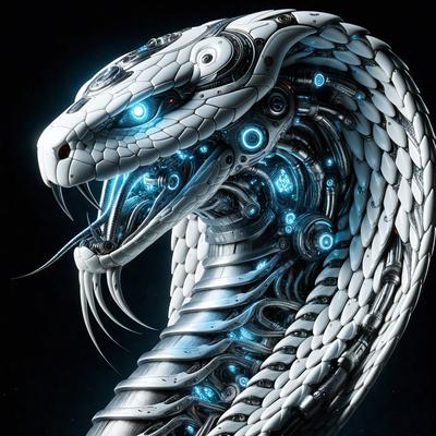 Primary subject: A white snake with blue eyes and a mouth full of teeth.

Setting/background: The snake is in a dark, blue environment.

Visual style: The snake is a digital art creation.

Colors and mood: The snake has a blue and white color scheme, giving it a futuristic and robotic appearance.